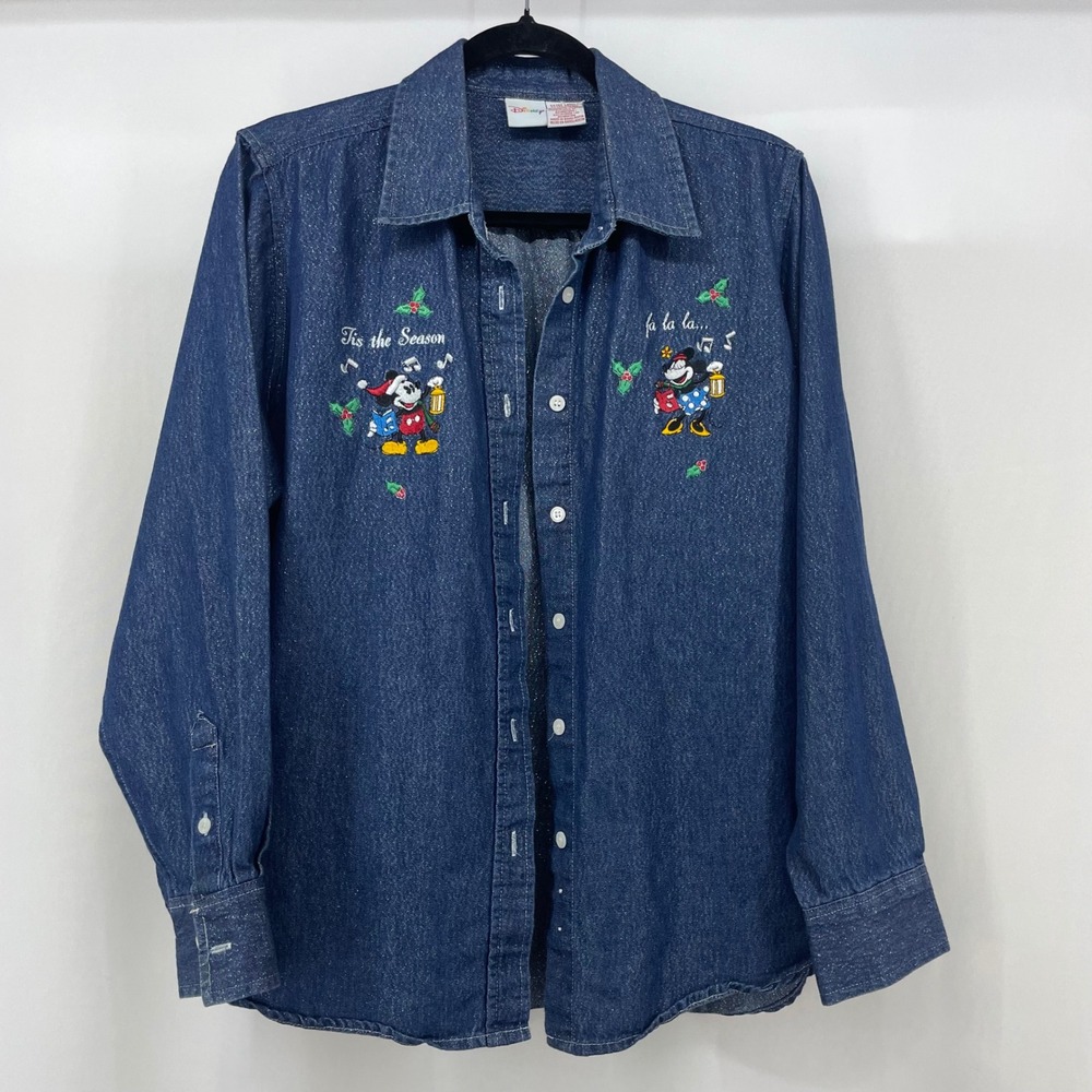 Disney Women Size L Denim Shirt Blue Christmas Mickey Minnie Sparkle Button Down